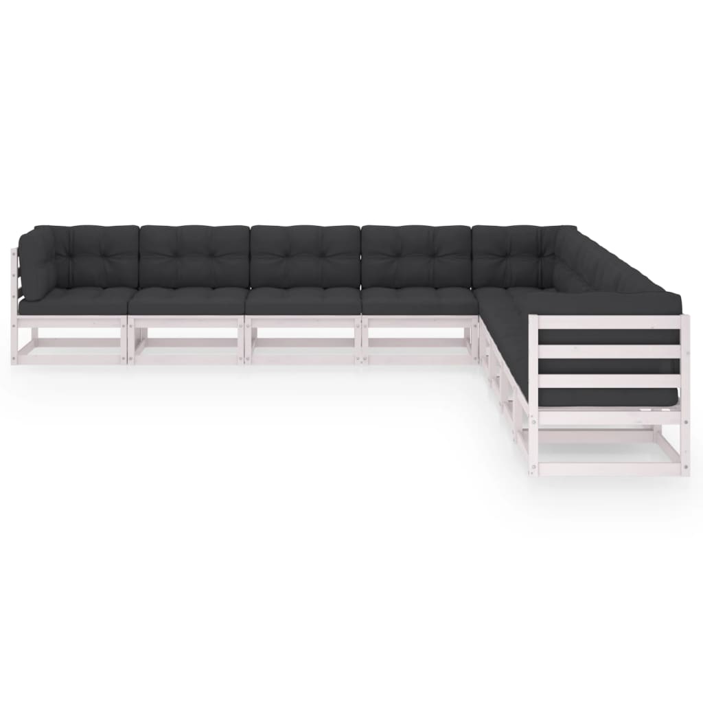 9-tlg. Garten-Lounge-Set mit Kissen Weiss Kiefer Massivholz